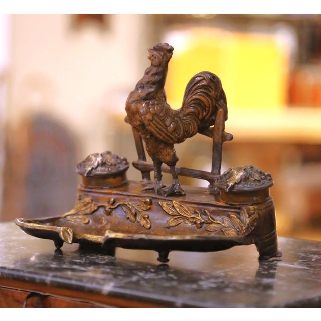 19th Century French Patinated and Gilt Spelter Rooster Inkwell Desk Set For Sale - Image 4 of 10