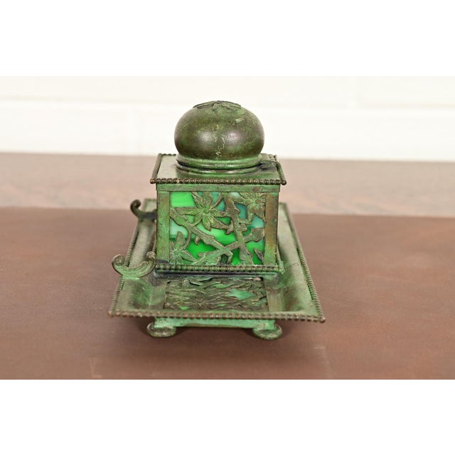 Apollo Studios New York Arts & Crafts Grapevine Pattern Bronze and Slag Glass Inkwell With Pen Holder For Sale - Image 10 of 14