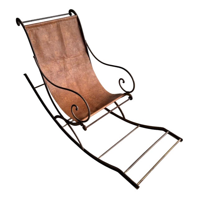 Antique Metal Rocking Chair with Leather Seat For Sale