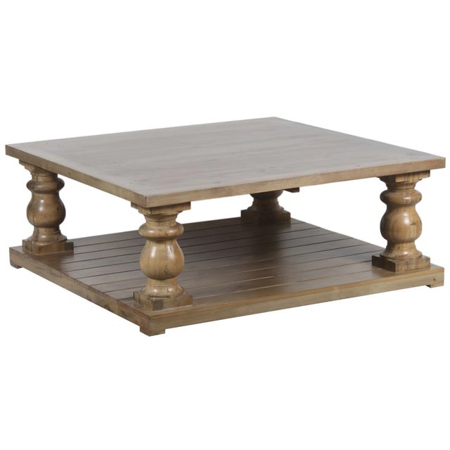 Rustic New Zealand Pine Rustic Oversized 2 Tier Solid Wood Chunky Baluster Living Room Square Cocktail Coffee Table With Slatted Floor Shelf For Sale - Image 3 of 7