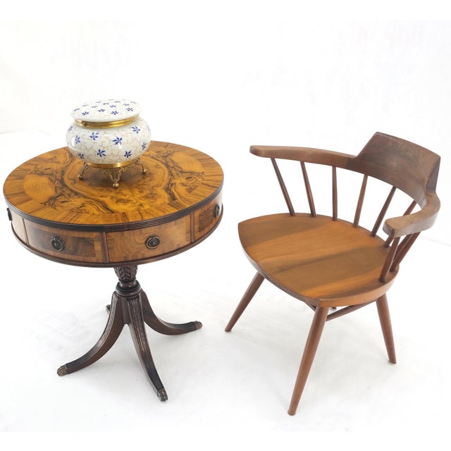 Walnut Round Drum Center Side Table Stand w/ Drawers Johnson Furniture Mint! Amazing burl walnut wood pattern top!