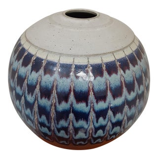 1980s Glazed Earthenware Ovoid Vase With a Blue Hue Flambe Glaze For Sale