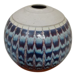 1980s Glazed Earthenware Ovoid Vase With a Blue Hue Flambe Glaze