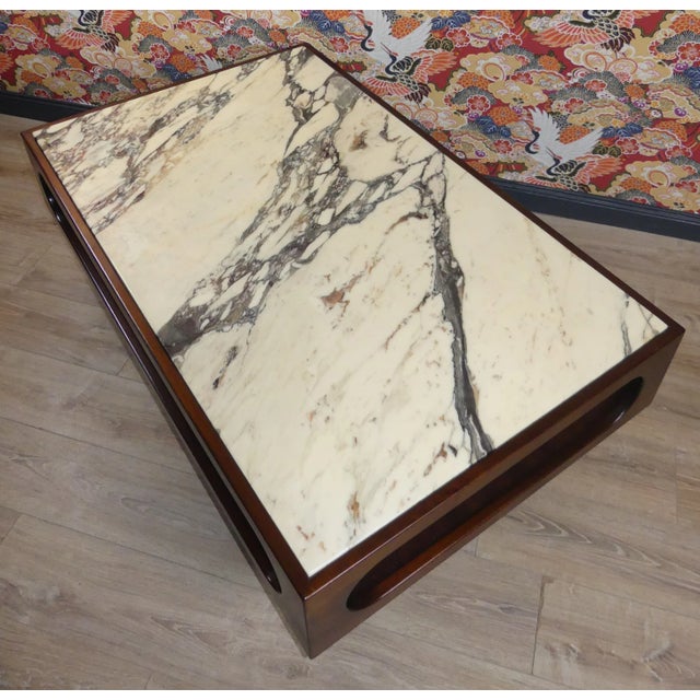 Absolute eye-catcher! Super noble coffee table. 70s glamour. High quality design Super-beautiful grained marble top, upper...