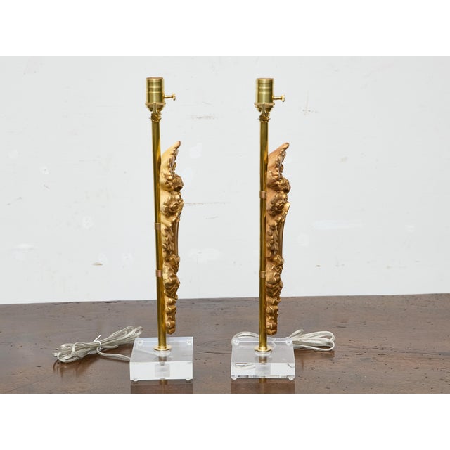 19th Century French Giltwood Floral Fragments Made into Lamps on Custom Lucite Bases - a Pair For Sale - Image 12 of 12
