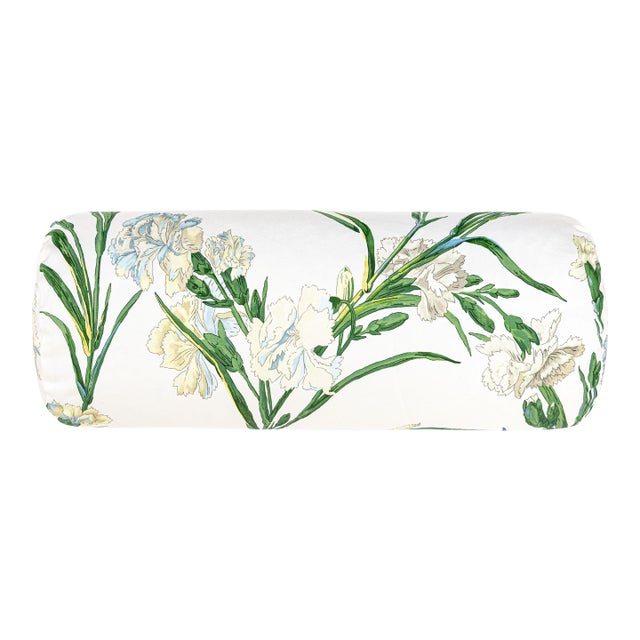 Scalamandre 21" x 7" Dianthus Bolster Pillow in Chervil For Sale