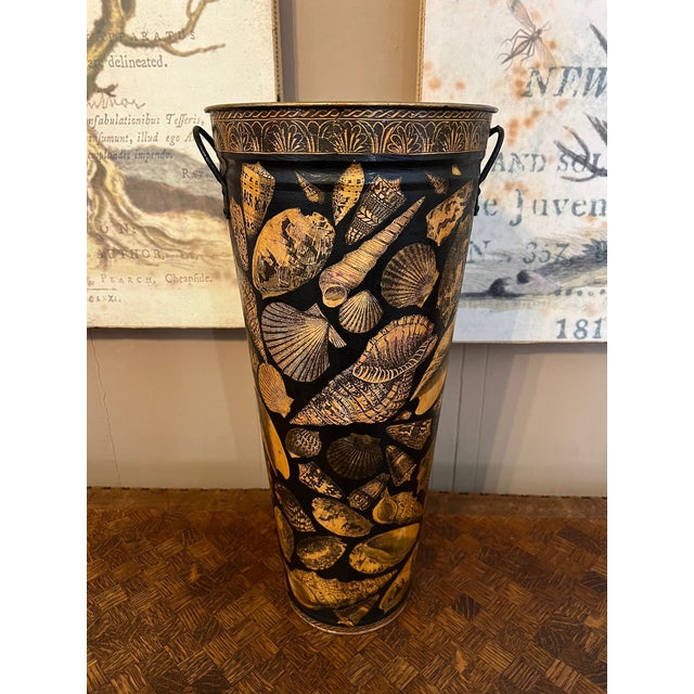 English Vintage English Planter Jardiniere Urn Shell Decoupage Black Tole Coastal Décor For Sale - Image 3 of 17