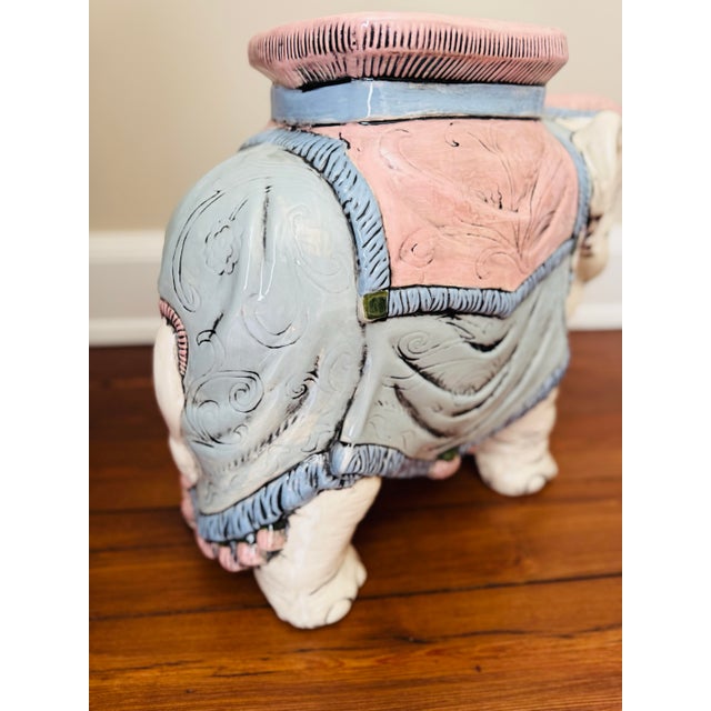 Ceramic Vintage Pastel Pink and Blue Elegant Garden Stool or Side Table For Sale - Image 7 of 11
