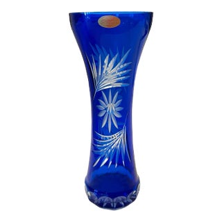 Vintage Badash Cobalt Blue Cut-To-Clear Crystal Fluted Vase ~ Ussr For Sale