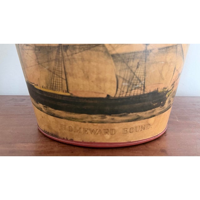 Vintage Decoupage Clipper Ship Tole Wastebasket With Lion Head Ring Handles For Sale In Savannah - Image 6 of 9