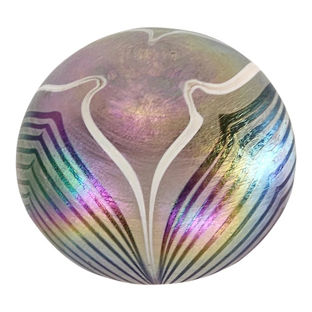 Vintage Hand Blown Aurene Iridescent Studio Art Glass Pulled Feather Paperweight For Sale