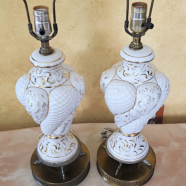 Pair of Vintage Italian Capodimonte Table Lamps – White & Gold 30" Ornate Ceramic Lighting For Sale - Image 9 of 18