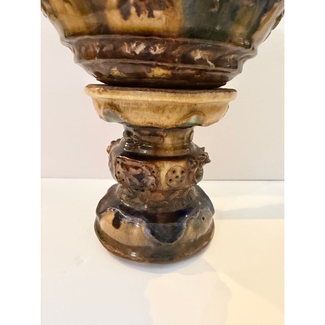 Vintage Majolica Style Pedestal Jardinière Planter With Figural Relief For Sale In Miami - Image 6 of 11