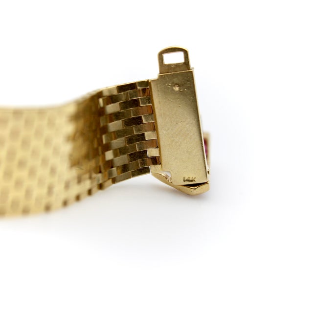 1940s Retro 14k Gold Ruby and Diamond Buckle Bracelet With Brick Link For Sale - Image 10 of 13