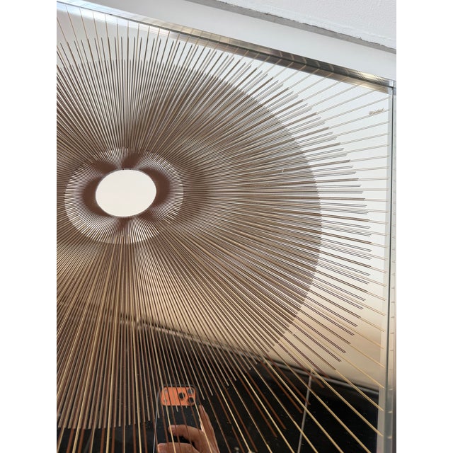 Glass 1970s Vintage Op Art Sunburst Glass Wall Art in Chrome Aluminum Frame, Signed For Sale - Image 7 of 12