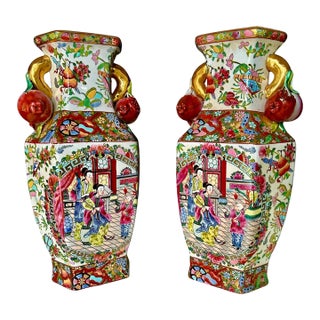 Pair Chinese Export Rose Medallion Porcelain Vases For Sale