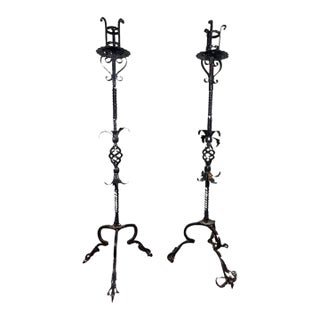 Antique Wrought Iron Floor Candelabras - Holds One Pillar Candle - Set of 2 For Sale