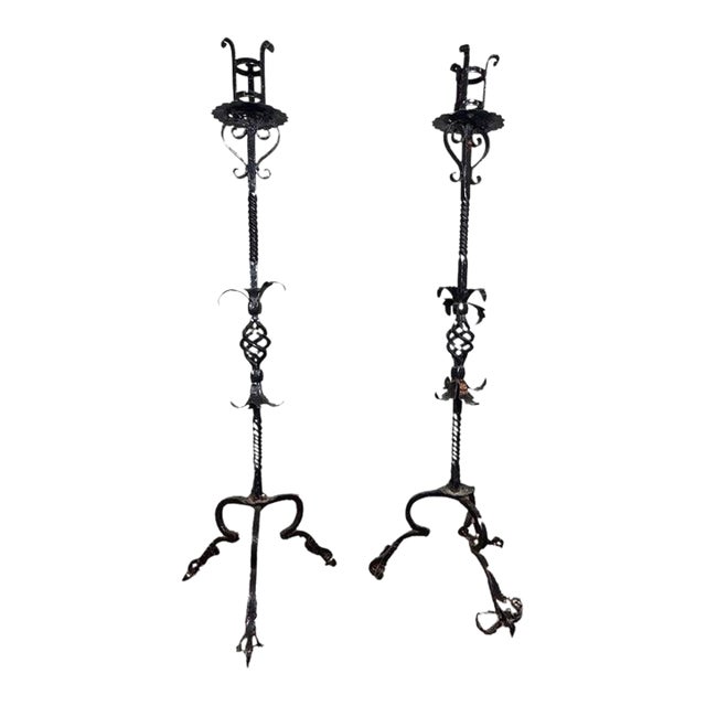 Antique Wrought Iron Floor Candelabras - Holds One Pillar Candle - Set of 2 For Sale