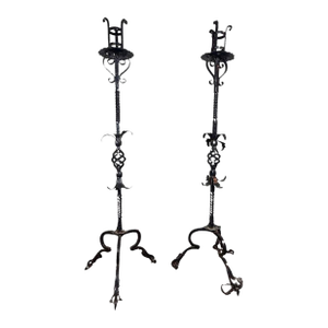 Antique Wrought Iron Floor Candelabras - Holds One Pillar Candle - Set of 2