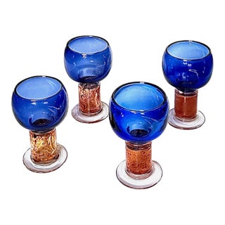Designed 1972 Kaj Franck Modern Blue Orange Colorless Goblets - Set of 4 For Sale