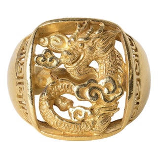 Vintage 24k Solid Gold Lucky Dragon Ring, Size 7 For Sale