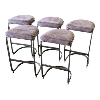 1970s Vintage Chrome Milo Baugman Style Bar Stools - Set of 5 For Sale