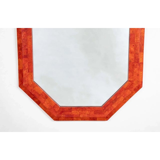 Italian mid 20th century tessellated and lacquered shell octagonal mirror with a lovely deep coral color. A stunning...
