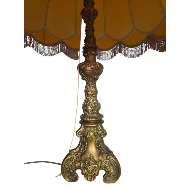 Rococo Vintage Table Lamp with Ornamental Brass Base and Leather Shade, 1955 For Sale - Image 3 of 13