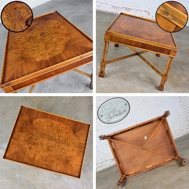 Mid-Late 20th Century Baker Furniture Campaign Style Rectangular End Table Walnut & Mahogany Faux Bamboo Legs For Sale - Image 12 of 12