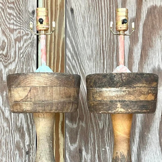 Vintage Rustic Sculptural Turned Wood Table Lamps, Pair For Sale - Image 10 of 14