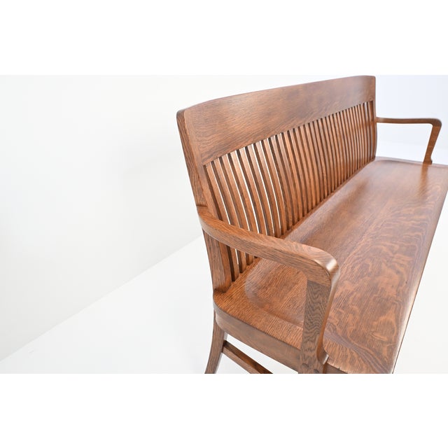 Antique American Oak Lawyer’s Bench | Newly Refinished For Sale - Image 13 of 18