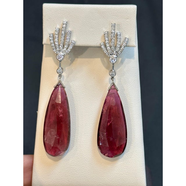 Gemstone 56 Carat Natural Pink Tourmaline & Diamond Cocktail Earring, 18 Karat White Gold For Sale - Image 7 of 18