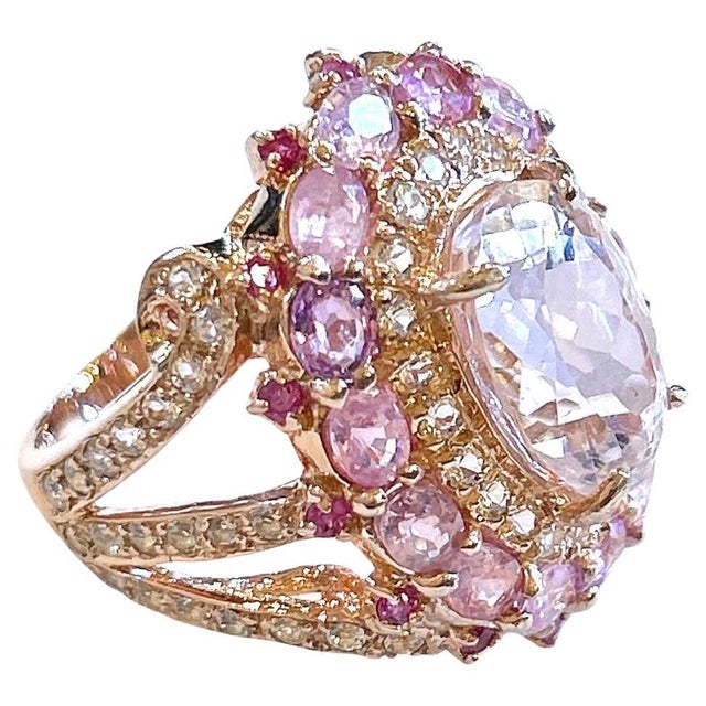Bochic “Orient” Pink Sapphire & Pink Kunzite Cluster Ring Set 18K Gold & Silver, Size 4.5 For Sale