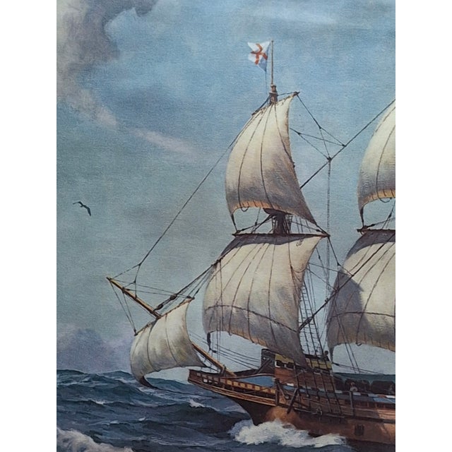 Blue 1950s Hervey Garrett Smith "Mayflower Ii" Signed Maritime Print – Framed 26.5" X 33" For Sale - Image 8 of 11