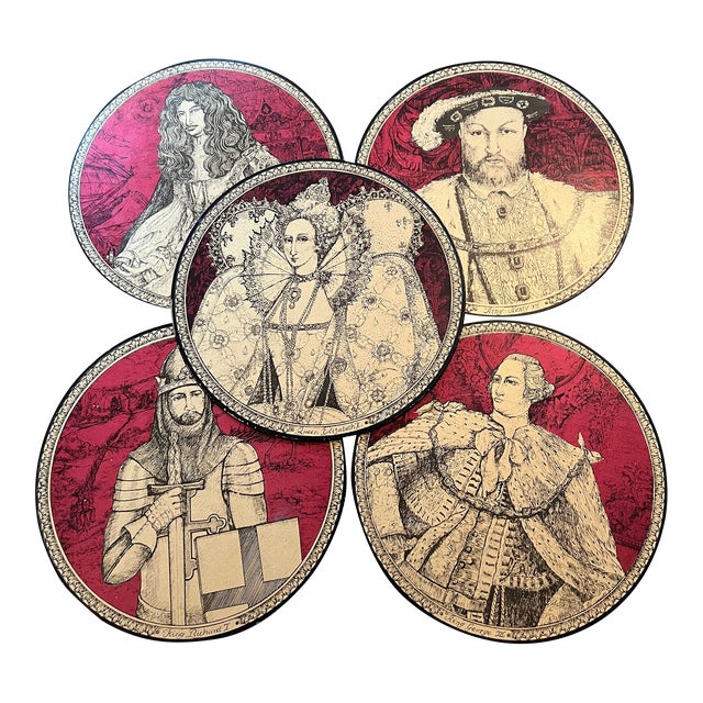 Vintage Red & Gold Set of 5 British Kings & Queen Trivets Coasters For Sale