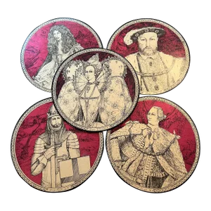 Vintage Red & Gold Set of 5 British Kings & Queen Trivets Coasters