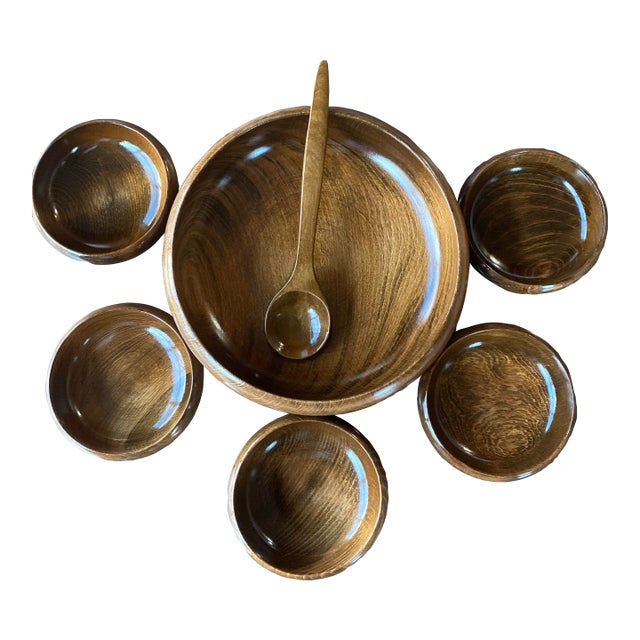 Vintage Mid Century Snack Rice Salad Bowls Total Set of 7 Pieces, 5 Small Bowls One Spoon and 1 Large Salad Bowl For Sale