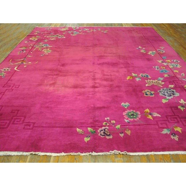 Knotted 1920s Wool Rectangle Chinese Room Size Antique Coral - Art Deco Rug, Circa Date: 1920s. This exceptional Chinese...