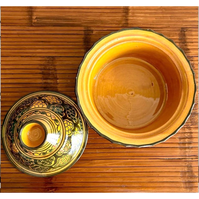 Moroccan Vintage Boho Glazed Lidded Ceramic Dish For Sale - Image 3 of 5