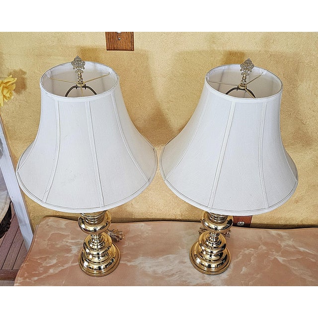 Pair of Tall Brass Table Lamps With Ivory Bell Shades – Hollywood Regency Style For Sale - Image 4 of 18
