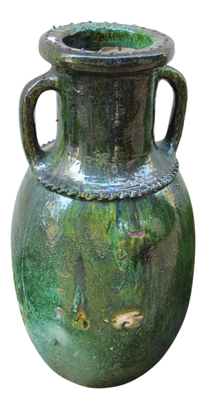 Moroccan Vintage Tamgroute Green Olive Jar with Handles