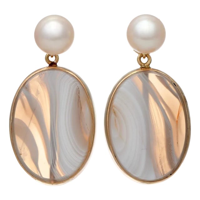 14KY Agate Slice & Cultured Pearl Earrings, 2 pieces For Sale