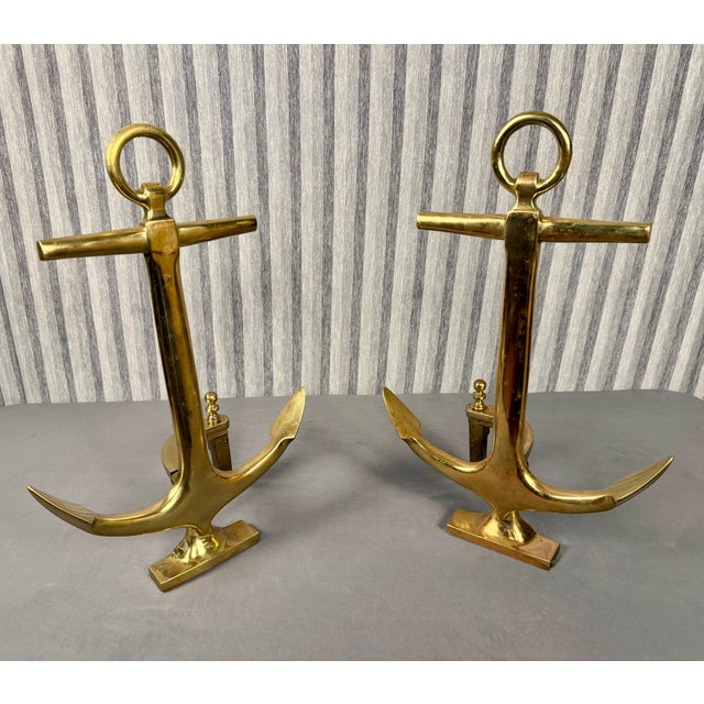 Mid-Century Modern Pair of Mid-Century Brass Anchor Andirons For Sale - Image 3 of 8