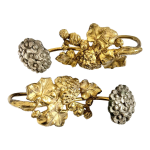Vintage Curtain Tiebacks Brass Hydrangea Floral – Pair of Heavy Cast Drapery Tie-Backs