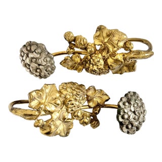 Vintage Gilt Cast Metal Floral Curtain Tiebacks With Hydrangeas, Pair For Sale