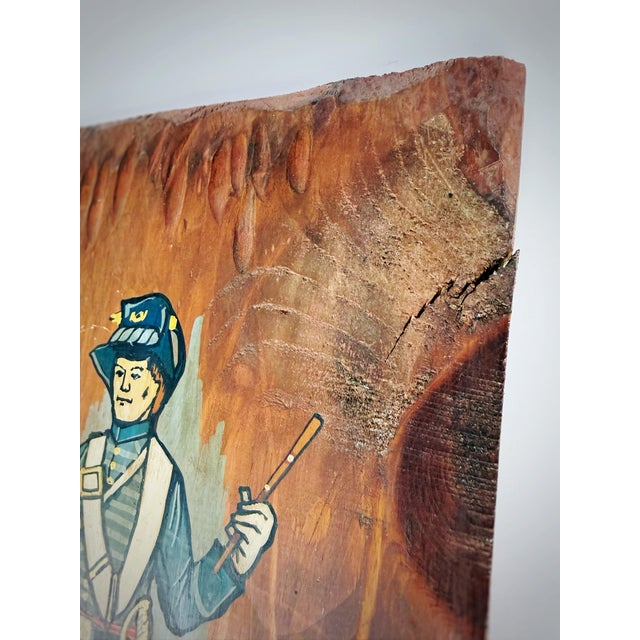 Brown American Folk Art - Civil War Union Soldier Drummer Boy Painting on Hand Hewn Wood - Artist Signed 1968 For Sale - Image 8 of 10