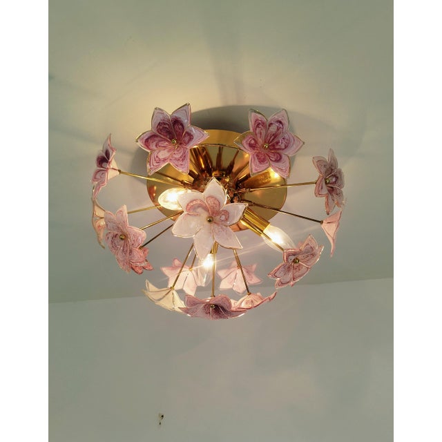 Murano Style Flush Mount Pink Purple Flower Ceiling Light Glass Chandelier For Sale - Image 9 of 11