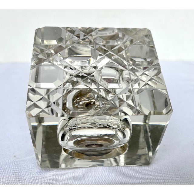 Glass Vintage Cut Crystal Inkwell W/Brass Lid and Red Gemstone For Sale - Image 7 of 12