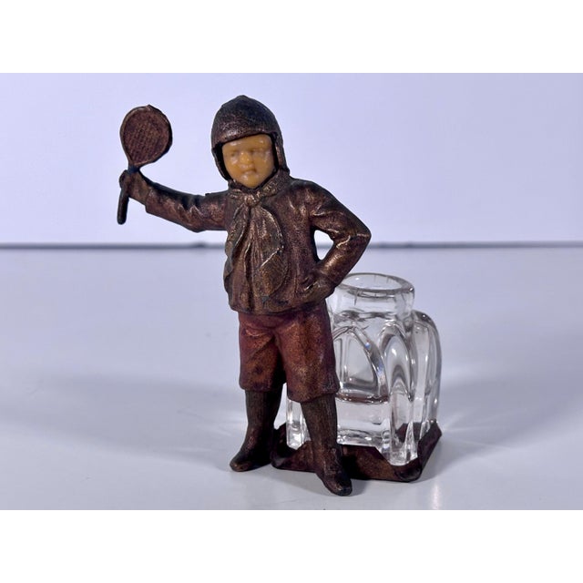 Antique Bronzed Spelter Ivorine Celluloid Sporting Tennis Figural Inkwell For Sale - Image 4 of 10