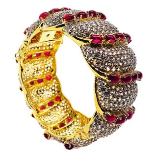Bochic "Capri" Vintage Natural Ruby & White Topaz Bangle Set In 18K Gold & Silver For Sale